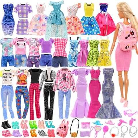 Barwa Lot 36 Items 3 Fashion Dresses 3 Casual Tops and Pants Outfits 6 Pcs Mini Dresses with 1 Bags 10 Shoes, 13 Accessories for 11.5 Inch Girl Doll Birthday Xmas Cover