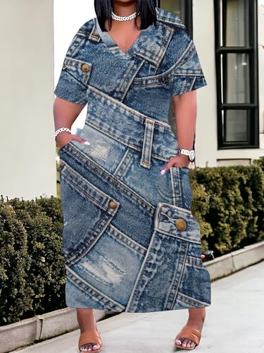 Image of SUZONANA Plus Size Denim Print Maxi Dresses for Women Casual V Neck Short Sleeve with Pockets Soft Jean Look Dress XL-6XL