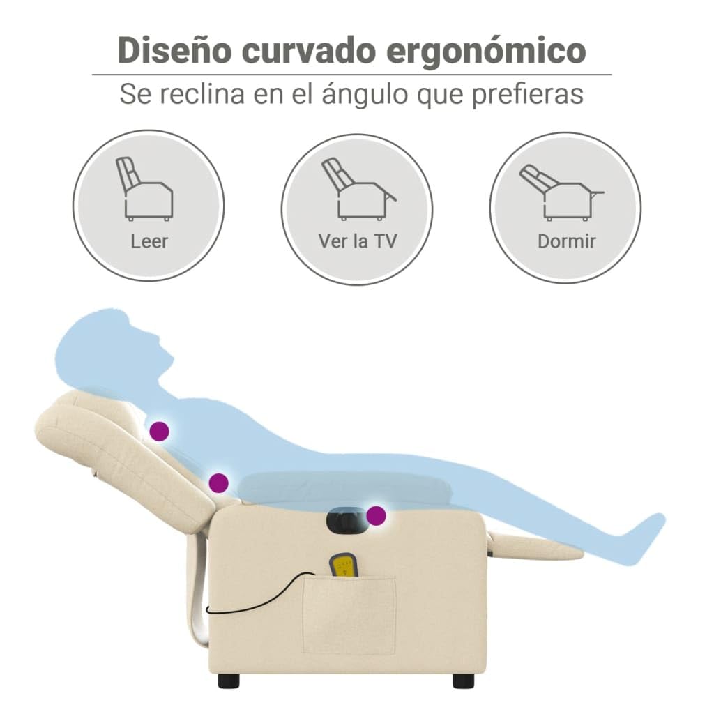 vidaXL Sillón reclinable de Masaje eléctrico Tela Color Crema