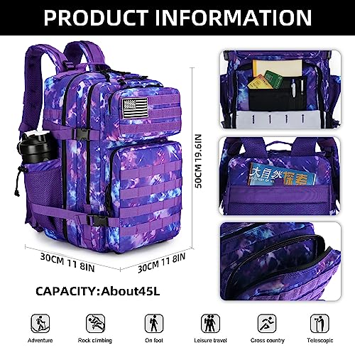 Lovelinks21 45L Tactical Assault Backpack 3 day assault pack with Molle Waterproof backpack Rucksack for Tactical Backpacks (Purple Camo) - Image 3