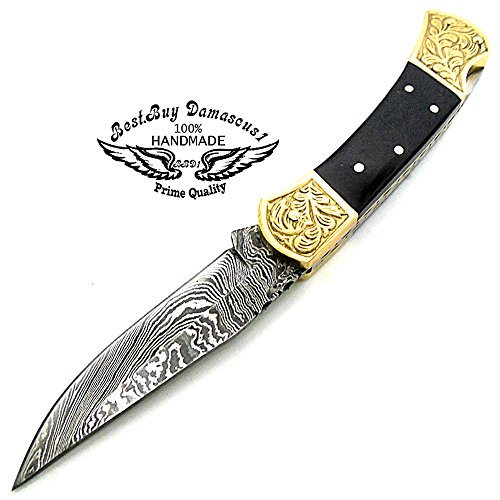 Best.buy.damascus1 Damascus Pocket Knife 7.5" Camel Bone Handel ,Screemshaw Double Brass Bolster Lock Back, Folding Knife, Tactical Gear, Gifts For Women, Pocket Knife For Men, Camping Accessories, Pocket Knife, Hunting Gear With Leather, Knife Sharpeners Premium Quality Gifts For Men (Buffalo Horn Scrimshaw) #TOP6