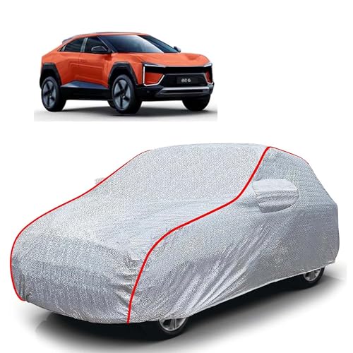 Image of Sulfar 100% Waterproof Car Body Cover Compatible with Mirror for Mahindra BE 6 (Triple Stitched, Full Bottom Elastic, Magic Silver with Red Piping)