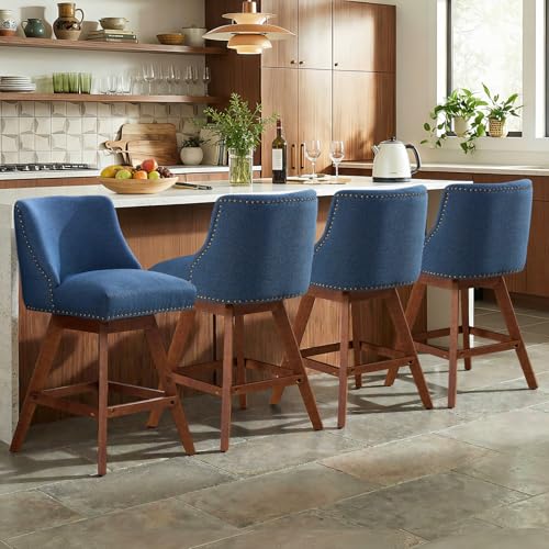 Butacos giratorios de bar, set de 4 unidades, altura para barra, con respaldo grueso y patas de madera, tapizados en tela de lino azul, para isla de cocina, bar o comedor miniatura 3