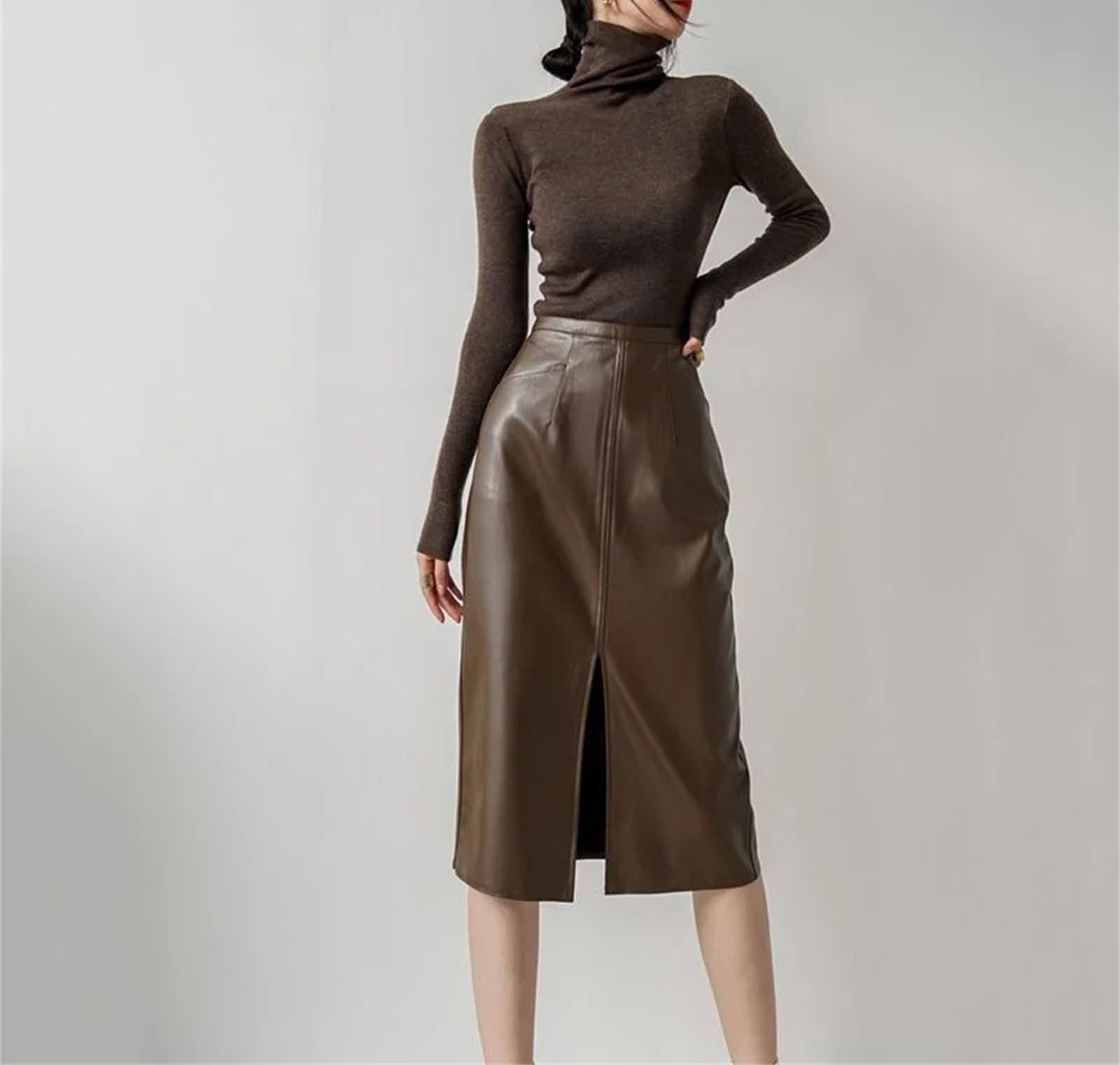 Gonne in pelle PU per le donne a vita alta autunno dritto elegante Split Midi gonne