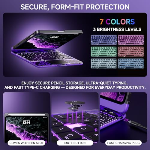 Image of Transparent Case with Keyboard for iPad mini 7 A17 Pro(2024) & Mini 6 (2021) 8.3 inch,7-Color Backlit,Wireless Keyboard, 360Rotating,with trackpad,Pencil Holder,with Shortcuts,Purple