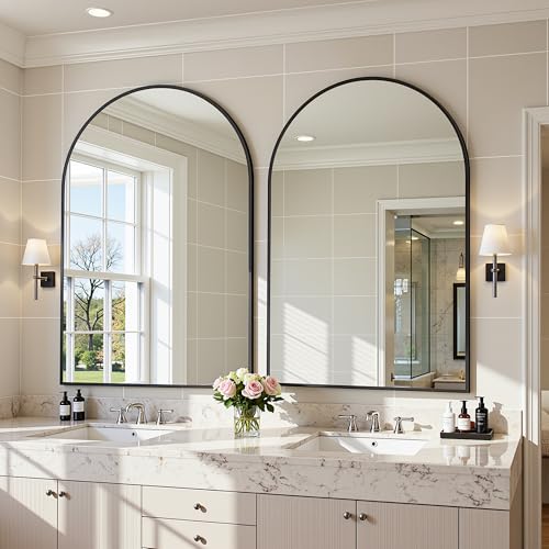 Image of Antok Arched Bathroom Mirror, 20 inchx30 inch Wall Mounted Mirror, Vanity Mirrors for Over Sink, Aluminum Alloy Frame Bathroom Mirrors Living Room, Bedroom and Entryway, Black