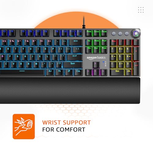 Image of amazon basics Pro Series Mechanical Gaming Keyboard with Drive Customization|RGB LED Lights|Media Control Knob|High-Response Mechanical Switches|Wrist Support|Durable Keycaps|Plug & Play (Black)