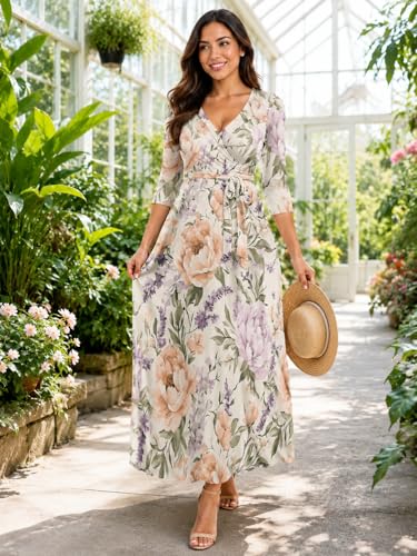 Image of Plus Size Maxi Dress for Women V Neck 3 /4 Sleeve Wrap Dress