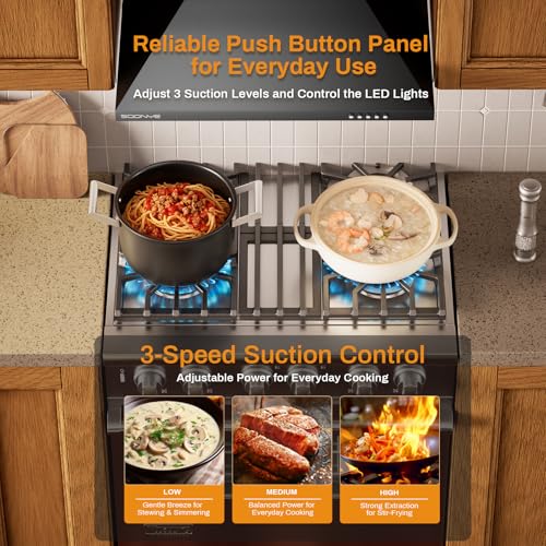 Image of 24 Inch Wall Mount Range Hood Ducted /Ductless Convertible Kitchen Exhaust Hood with 450 CFM Motor, 3 Speed Fan, LED Lighting and Dishwasher Safe Filters, Matte Black Painted Finish
