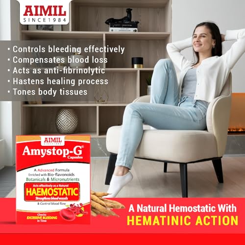 Image of AIMIL Amystop-G Capsules - 20 Capsules (Pack of 3) | Natural Haemostatic | Strengthens Blood Vessels & Checks Excessive Bleeding Naturally
