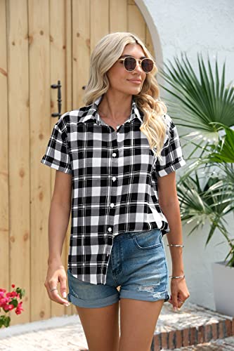 Veatzaer Women's Plaid Short Sleeve Button Down Shirt Casual Summer Blouses Tops2