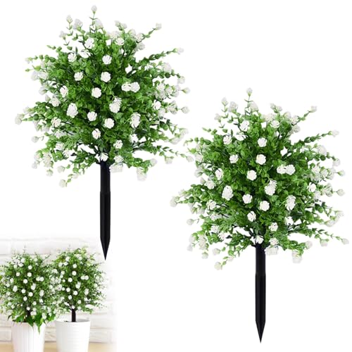 Lot de 2 buis sphériques artificiels avec fleurs, plantes artificielles d'extérieur avec piquet, plantes artificielles pour porte d'entrée, jardin, cour,...