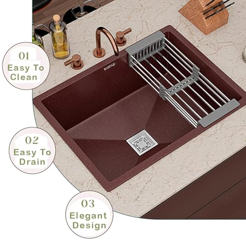Image of BASINQU Quartz Kitchen Sink 24 x 18 x 9 Inch Granite Kitchen Sink Single Bowl Brown Quartz Sink for Kitchen Basin Sound Dampening Scratch Resistant UV-Protected Noise Reducing sinks