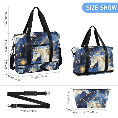 Cartoon Cute Blue and Gold unicorns Overnight Travel Duffel Bag Weekender Overnight Bag with Adjustable Strap for Business Trips 2 Pcs Set3