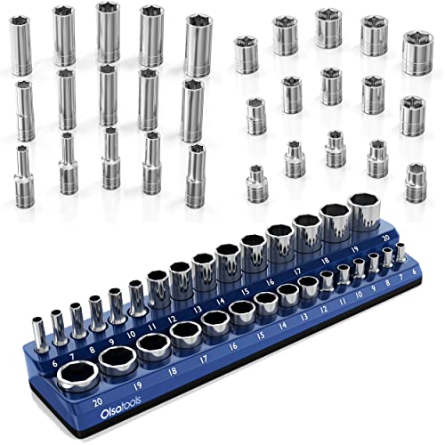 Olsa Tools Metric Socket Set (31pc) & Black Magnetic Socket Organizer | 6-Point Shallow & Deep Socket Set | 3/8-inch Drive