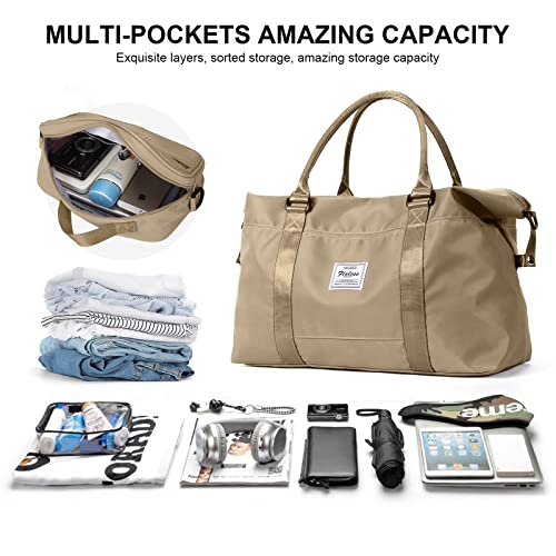 Travel Duffel, Sports Tote, Shoulder Weekender - Khaki Overnight Bag with Toiletry Bag for Women - Thumbnail 2