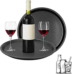 Bandeja Garçom Profissional Redonda, Antiderrapante, Preta e Marrom, 40cm, Base Texturizada, Emborrachada, Resistente (preta)