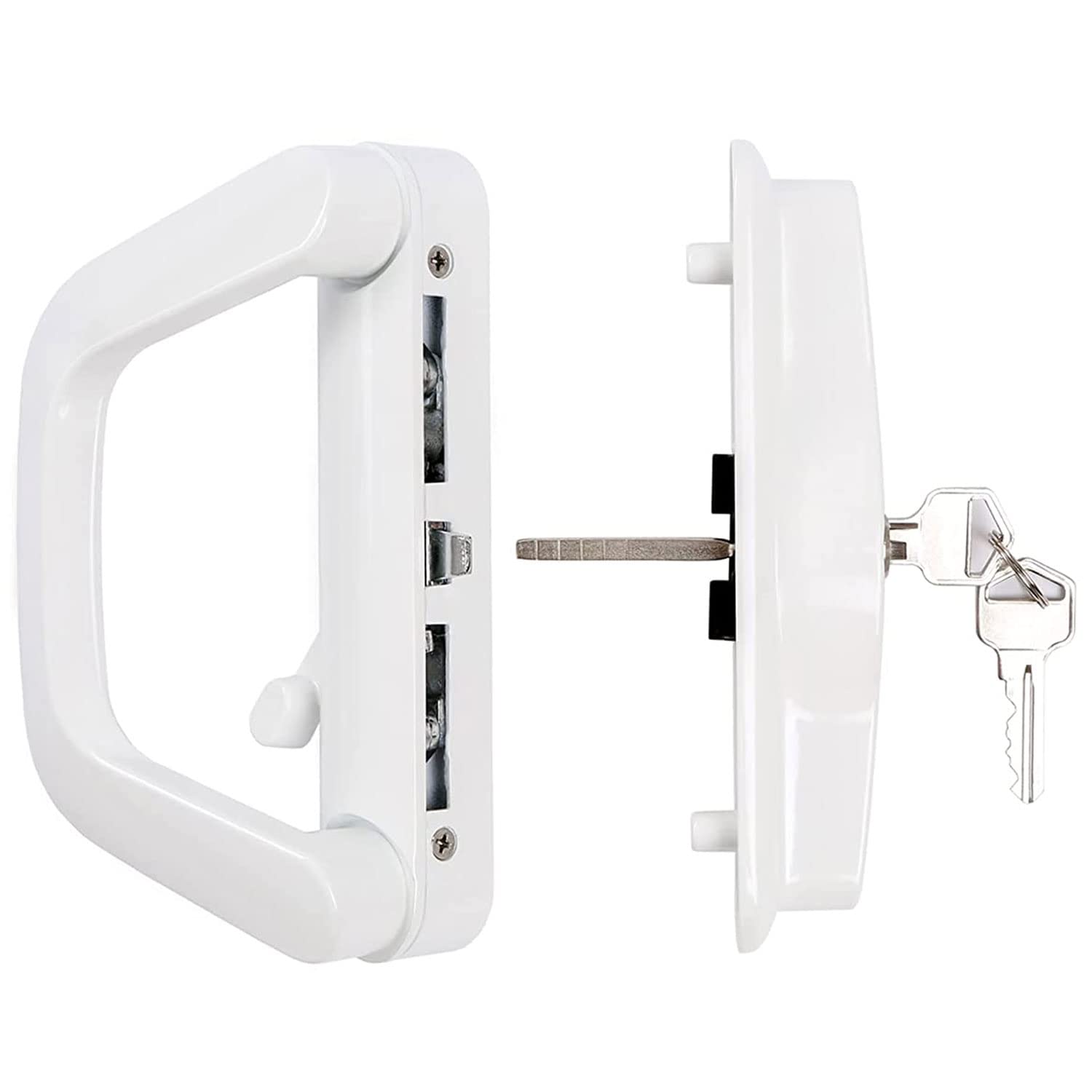 Sliding Patio Door Handle Set Replace Old Or Damaged Door Handles Quickly And Easily, White Diecast, Mortise Style, with-Keyed (Fits 4-15/16” Hole Spacing)