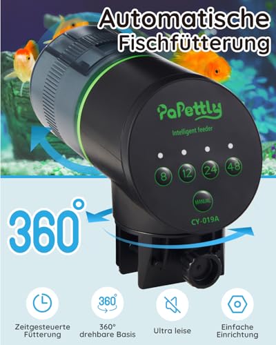 Papettly Futterautomat Aquarium, Automatischer Fischfutterautomat für Aquarium mit Batteriebetrieben, Fische Fischfutterspender 200ml, 2 AAA-Batterien im Lieferumfang enthalten, Fischfutterschwimmring