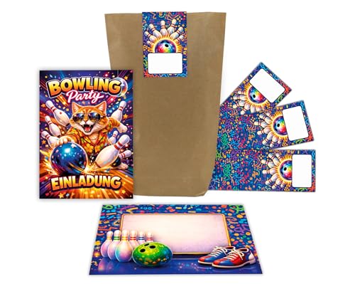 12 tarjetas de invitación para cumpleaños infantiles, bolos, niñas, niños, bolos, gatos, cumpleaños, bolos, invitaciones de cumpleaños, incluye 12 sobres, 12 bolsas de regalo, 12 pegatinas