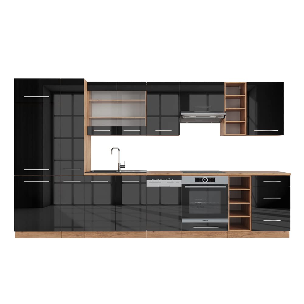 Vicco Cuisine Fame-Line, Anthracite Brillant/Chêne doré, 355cm, PT Chêne, adapté à Une Extension individuelle avec des modules supplémentaires