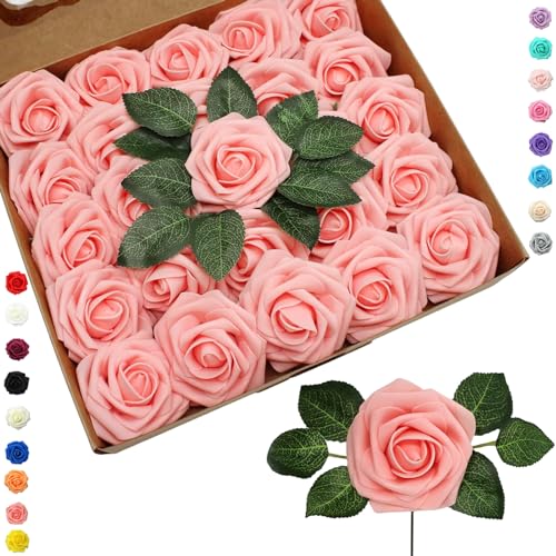 25 pièces Fleurs Artificielles Roses Artificielles Rose Tendre,Mousse Faux Roses avec Tiges Décoration Florale pour Anniversaire Mariage Gâteau Fête Jardin...