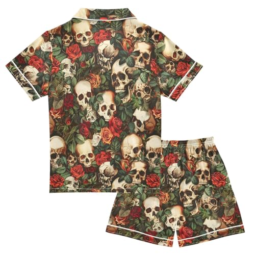 ALAZA Funny Sugar Skull Blososm Rose Satin Pajamas Set Short Sleeve Button Down Sleepwear Summer Pjs 2 Piece2