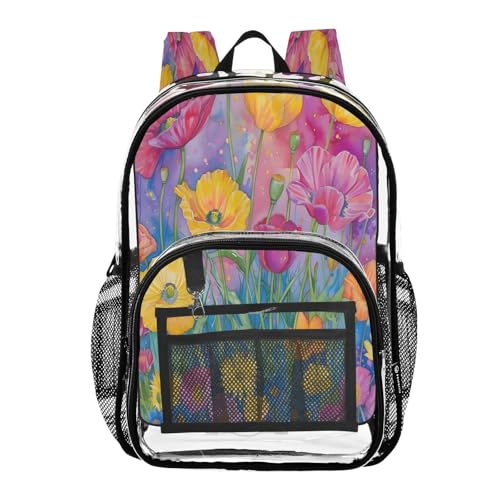 Watercolor Flower Watercolor Colorful Clear Backpack Heavy Duty See Through Transparent PVC BookBag for Kids Boy Girl School Work