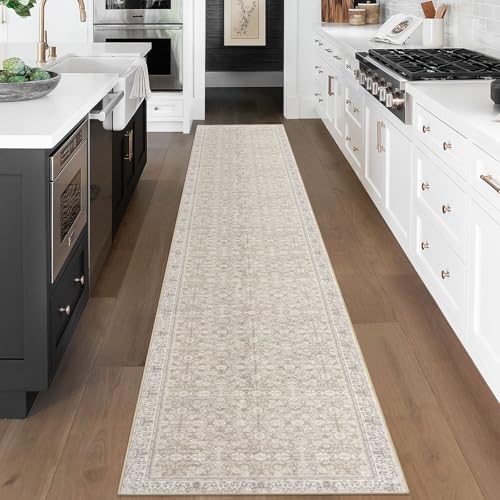 2.6x18 Cream Beige White Grey Washable Runner Rug for Kitchen, Soft Classic Runner with Non-Slip, Non-Shedding Distressed Floral Rug for Hallways Entryway Bedroom Laundry Indoor