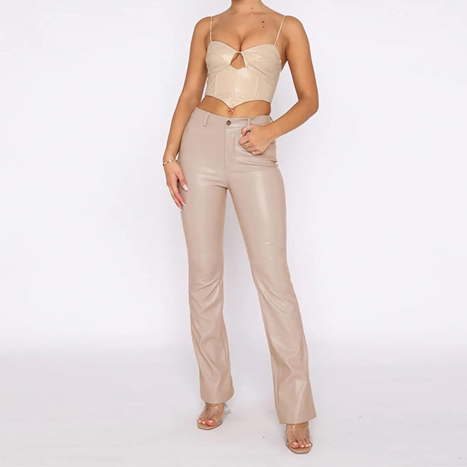WEITING Kunstlederhose for Damen, Petite Bootcut-Bein, Lederjeans, PU-Lederhose, Schlaghose Mit Taschen Lederhose