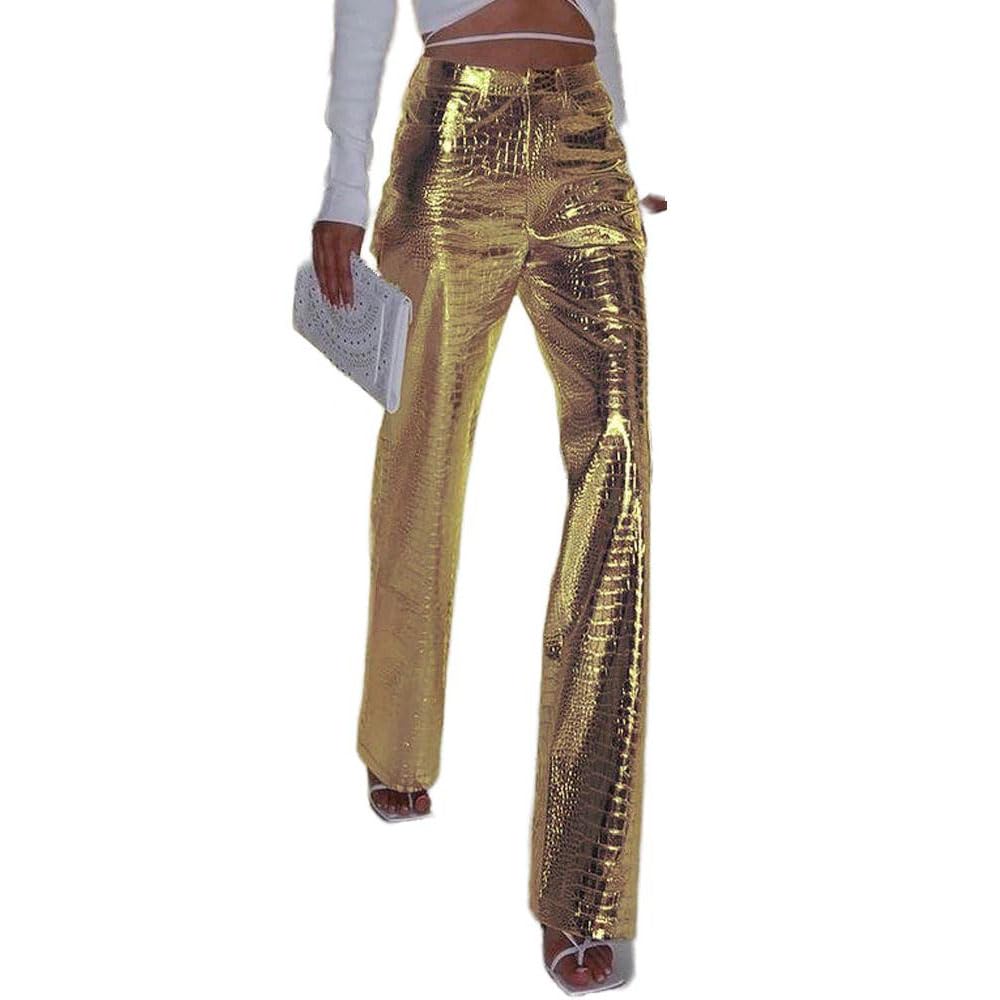 Pantalones de Cuero Anchos Rectos Dorados o Plateados para Mujer, Streetwear, Talle Alto, Cuero, para Fiesta, Club