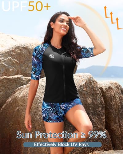 Holipick Women 2 Piece Rash Guard Swimsuit-Short Sleeve Swim Shirt with Shorts Full Zipper SPF Modest Swimwear2