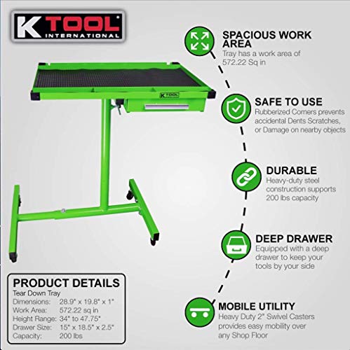 K Tool International Heavy Duty Tear Down Tray and Work Table with Drawer, Portable and Adjustable, 220 Pound Capacity, Rubber Corners, Green KTI79701