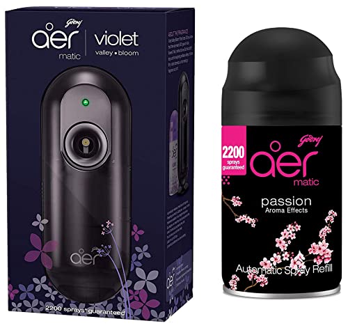 Image of Godrej aer Matic Kit - Automatic Air Freshener Spray with Flexi Control | Violet Valley Bloom (225ml) & Smart Matic Refill - BLUETOOTH ENABLED Automatic Air Freshener | Passion (225ml)