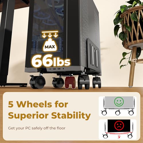 Image of JOY worker Computer Tower Stand, 4.9 to 13.9 inch Wide Adjustable Mobile PC Cart with 5 Wheels, Steel Tower Floor Stand Holds Up to 66 lbs, Rolling Gaming CPU Holder Under Desk, Black