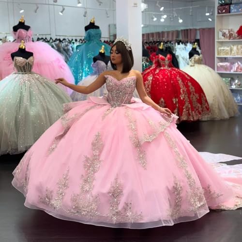 Silver Appliques Quinceanera Dresses with Big Bow Puffy Shiny Ball Gown with Train Glitter XV Dress YU0192