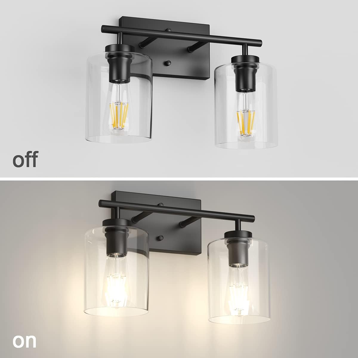 Top Brands Aipsun 2 Lights Black Vanity Light Fixtures Over Mirror with Clear Glass Shades Industrial Wall Light Fixture for Bathroom(Exclude Bulb)