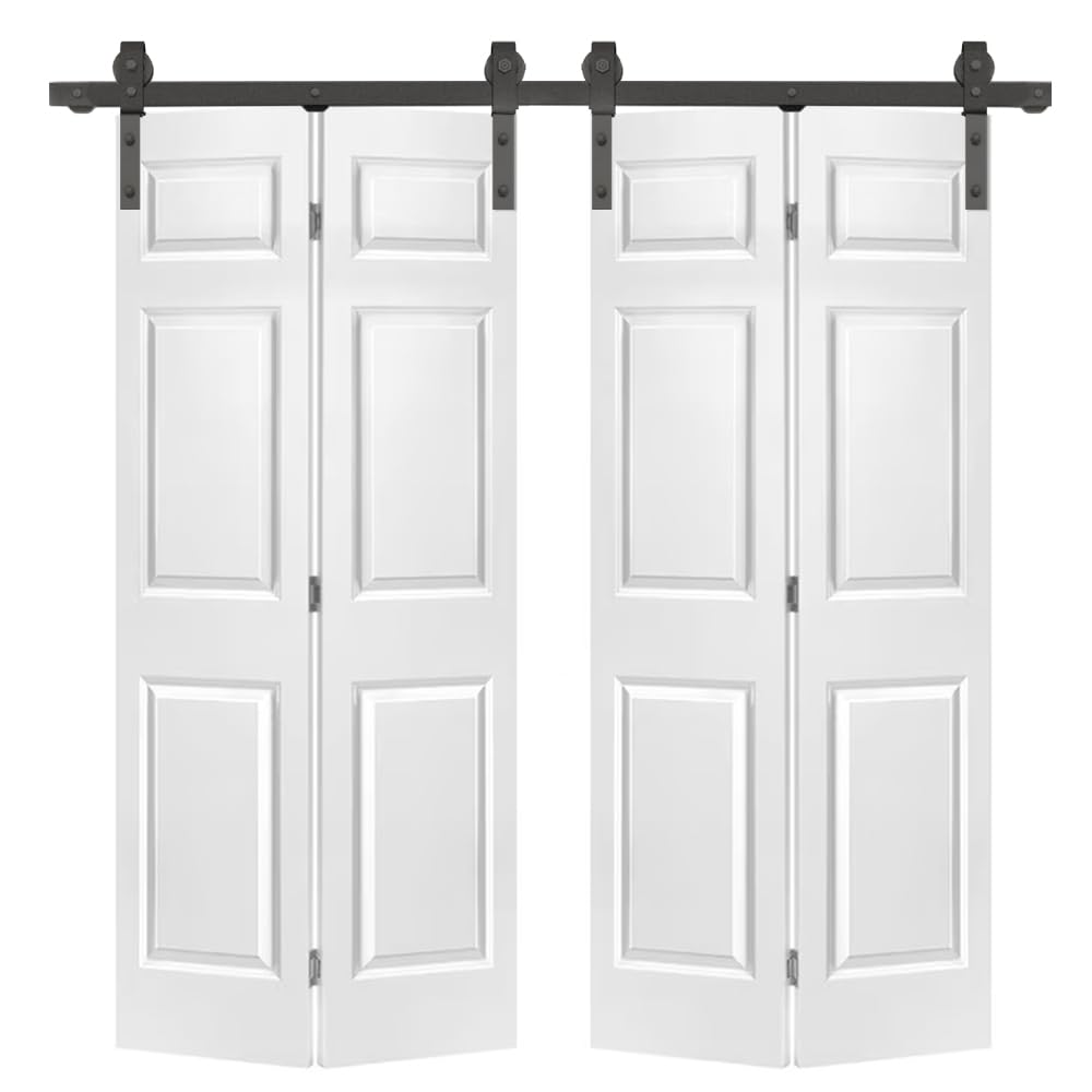48 in. x 80 in. 6 Panel Primed MDF Composite Double Bi-Fold Barn Door with Sliding Hardware Kit