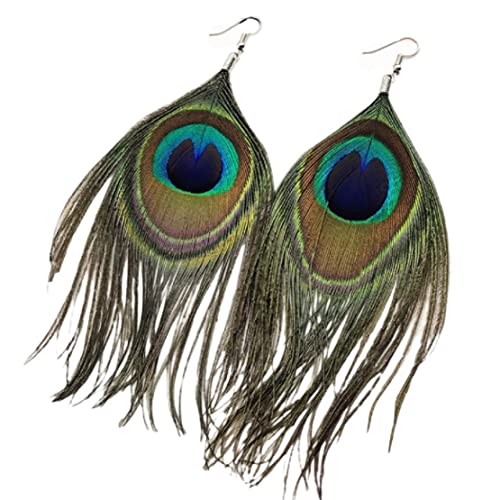 Boucles d'oreilles paon pour femme, Boucles d'oreilles plumes de paon, Boucles d'oreilles bohèmes longues plumes hypoallergéniques, Boucles d'oreilles à...