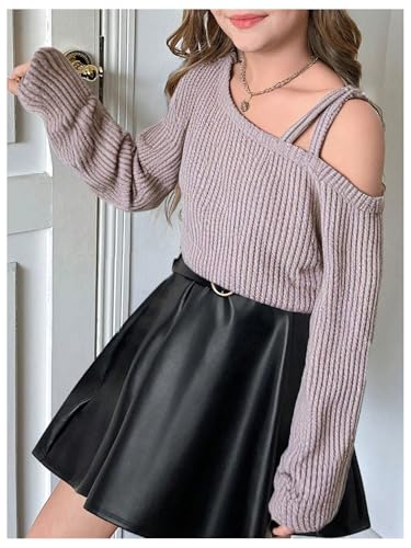 SweatyRocks Girl's Long Sleeve Cut Out Cold Shoulder Tee Shirt Loose Ribbed Fall Pullover Tops3