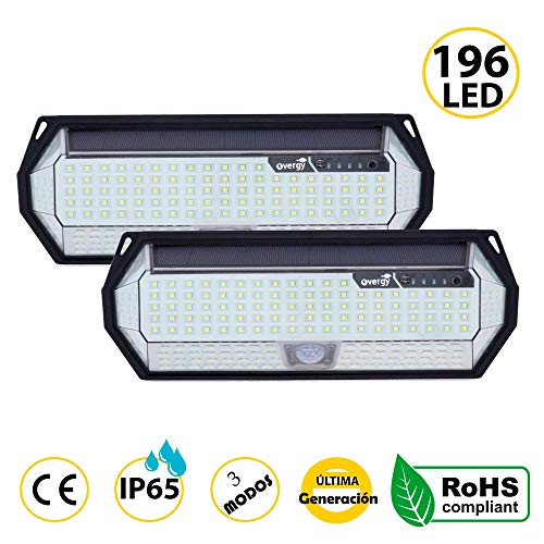 Overgy | PACK 2 Luz Solar Exterior 196 LED Última generación, Lámpara grande de 8 lados, IP65, batería de 2200 mAh de larga duración con sensor de movimiento y 3 modos de uso (Pack 2 Lámparas 196 LED)