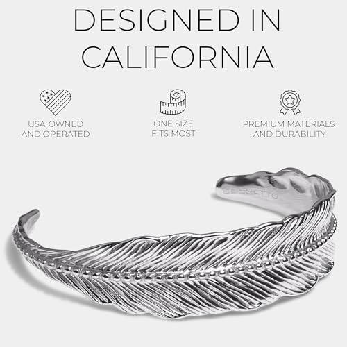 Elegatto Premium Feather Silver Cuff Bracelet for Men | Marine-Grade Stainless Steel with Hand Etched Detailing | Men’s Designer Jewelry | Small to Medium2