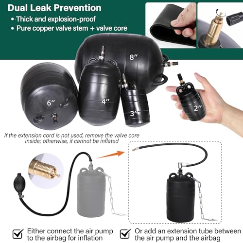 Image of 2 Inch Inflatable Pipe Plug Balloon Kit with Extension Hose,Safety Chain & Pump, Rubber Sewer Test Ball for Drain Blocking, Plumbing Pressure Testing /Leak Detection(Fits 1.8 inch-2.2 inch Pipes)