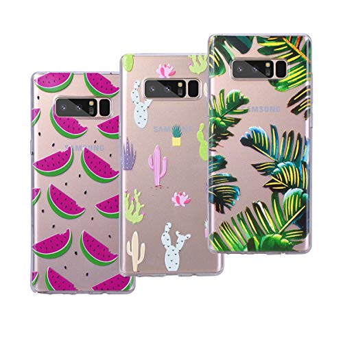 VemMore [3 Packs] kompatibel für Samsung Galaxy Note 8 Hülle Silikon Transparent Durchsichtig Handyhülle Ultra Dünn Schutzhülle TPU Slim Kratzfest mit Muster - Grüne Blätter + Wassermelone + Kaktus