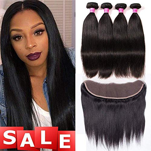 QinMei Hair Brazilian Straight Hair Bundles with Frontal Closure Ear to Ear Lace Frontal Closure with Bundles 8A Brazilian Virgin Hair Frontal with Baby Hair Natural Black Color (12 14 16+10 Frontal)