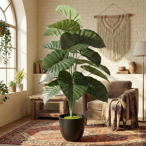 Image of Dekorly Artificial Palm Tree - Large Fake Tropical Floor Plant, Realistic Plastic Greenery for Indoor Home, Office, Living Room & Corner Decor (Alocasia Elephant Ear)