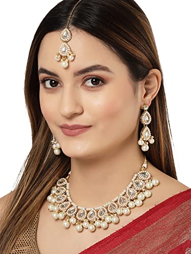 Karatcart Gold Plated Pearl and Drop Kundan Studded Choker Necklace Setfor Women - Image 4