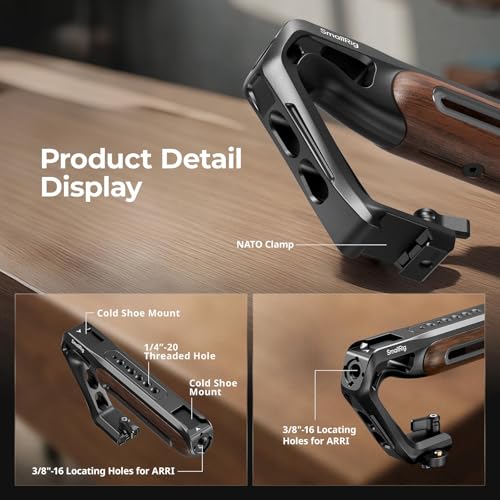 Image of SmallRig Wooden Top Handle with NATO Clamp & NATO Rail, Wooden Top Handle for Camera Cage, Load Capacity up to 15kg / 33.1lb, 3 /8 inch-16 Locating Holes for ARRI & 1 /4''-20 Threaded Holes - 5251