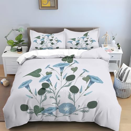 Juego de funda de edredón para cama individual, diseño de trompeta azul, estampado de hojas verdes, con...