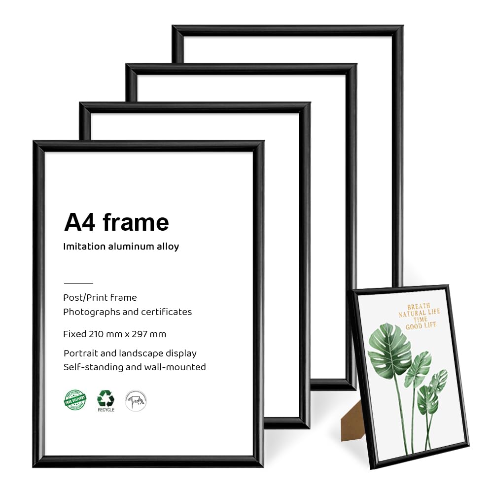 Bieiyhe Juego de 4 Marco Fotos A4 21 X 29,7 cm,Cuadros Negros,Marco Decoracion Dormitorios,Marco de Certificado,Cuadros Documentos,Cuadros Retratos,Cuadros Pósters,Cuadros Borde para Fiestas